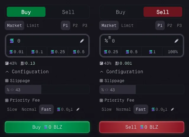 Screenshot of market order panel showing buy/sell options and three preset tabs