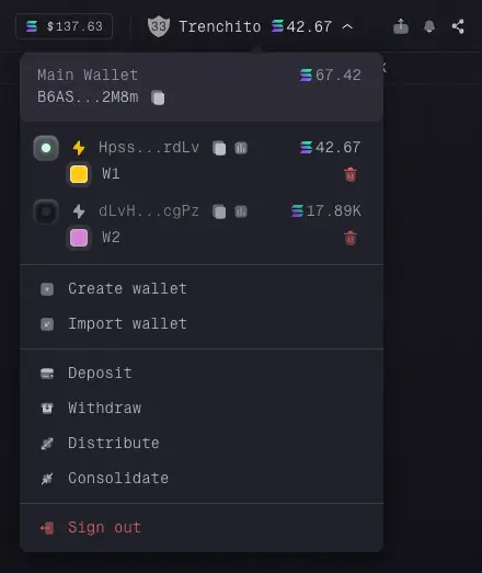Wallets menu